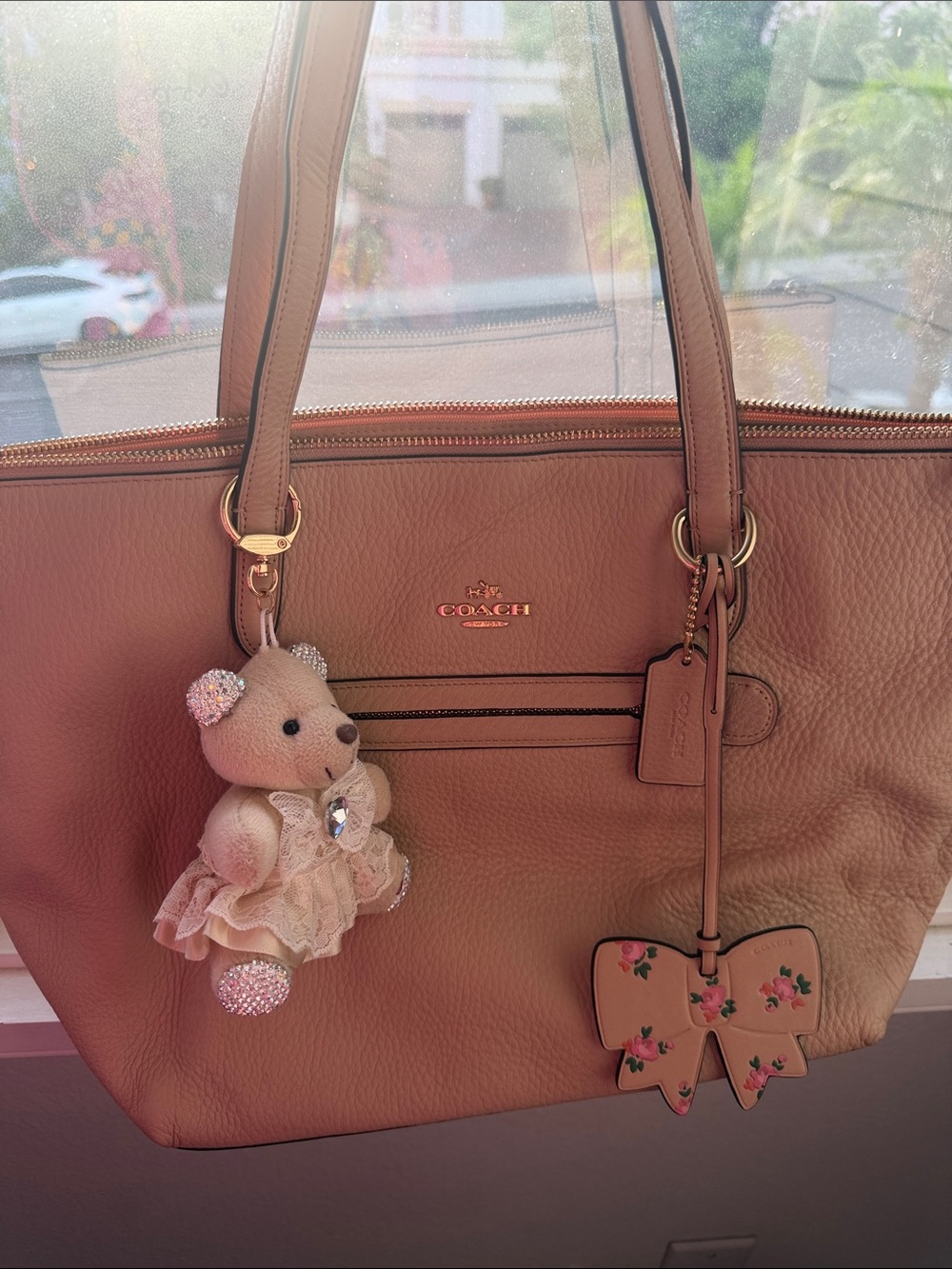 Coach Pink-Tan Leather Tote with Bow Charm